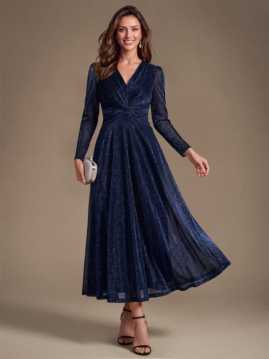 Knot Detail Knit Glitter Long Sleeve Wedding Guest Dress #color_Navy Blue