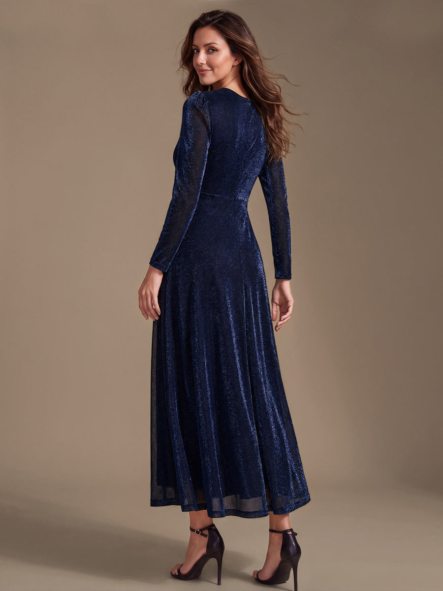 Knot Detail Knit Glitter Long Sleeve Wedding Guest Dress #color_Navy Blue