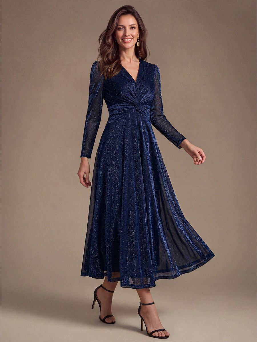 Knot Detail Knit Glitter Long Sleeve Wedding Guest Dress #color_Navy Blue