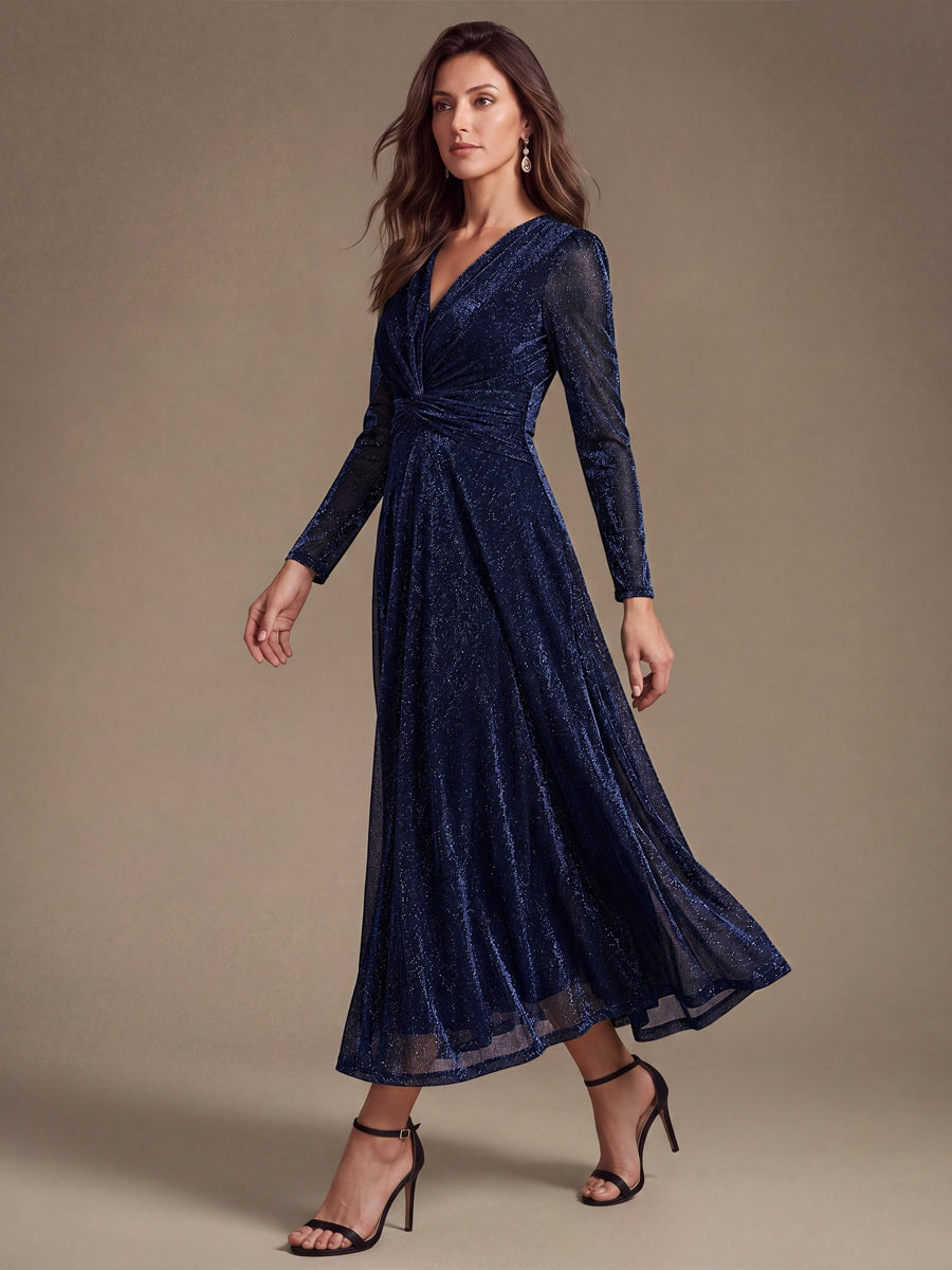 Knot Detail Knit Glitter Long Sleeve Wedding Guest Dress #color_Navy Blue