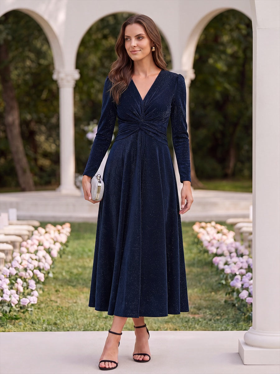 Knot Detail Knit Glitter Long Sleeve Wedding Guest Dress #color_Navy Blue