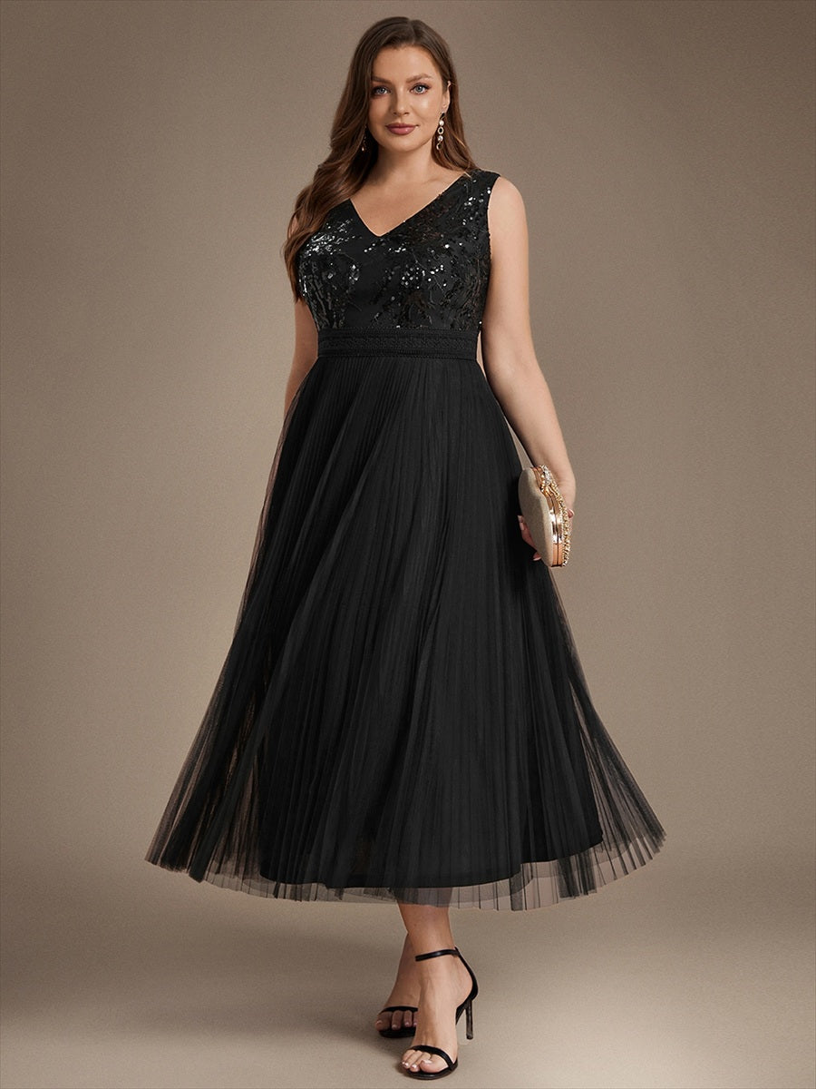Tulle Sleeveless A-Line Wedding Guest Dress #color_Black