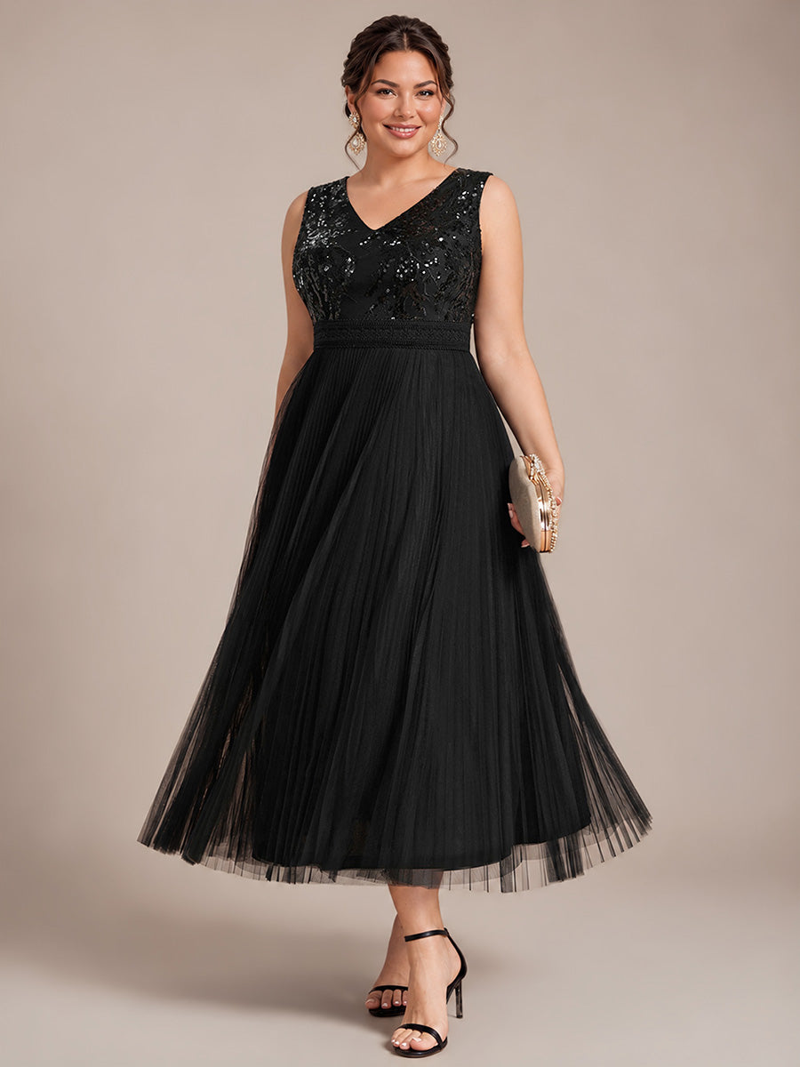 Plus Size Tulle Sleeveless Wedding Guest Dress #color_Black