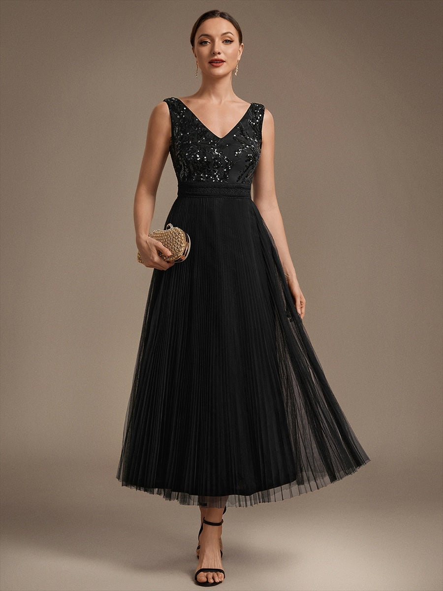 Tulle Sleeveless A-Line Wedding Guest Dress #color_Black