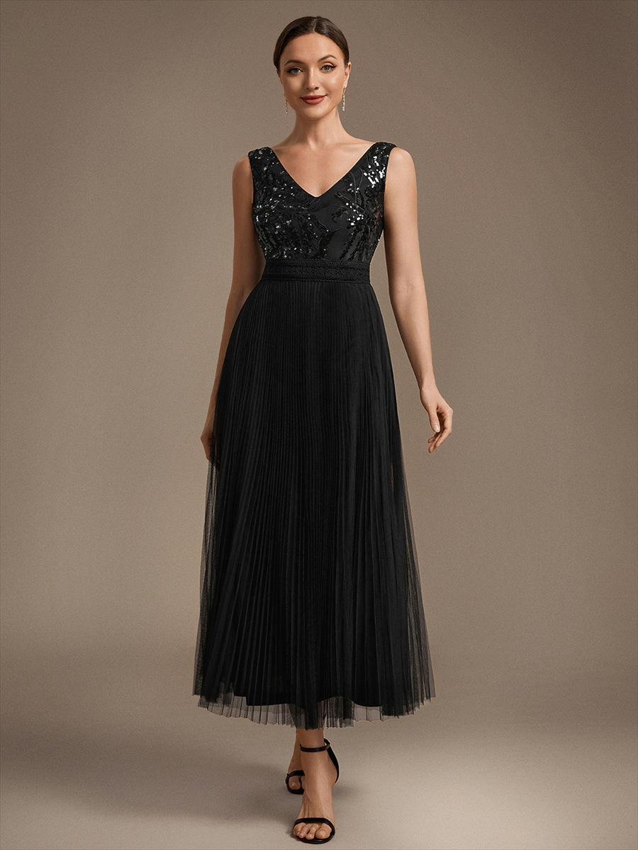 Tulle Sleeveless A-Line Wedding Guest Dress #color_Black