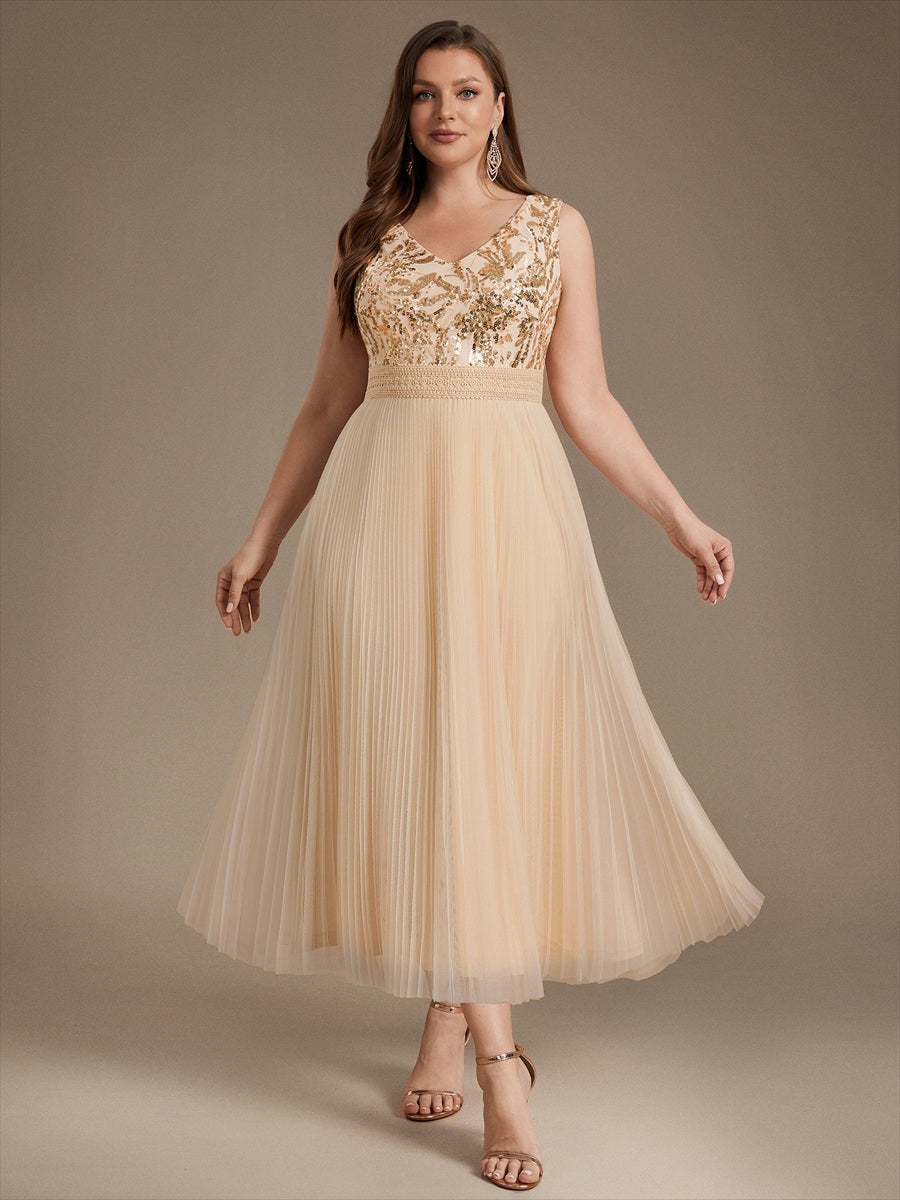 Tulle Sleeveless A-Line Wedding Guest Dress #color_Gold
