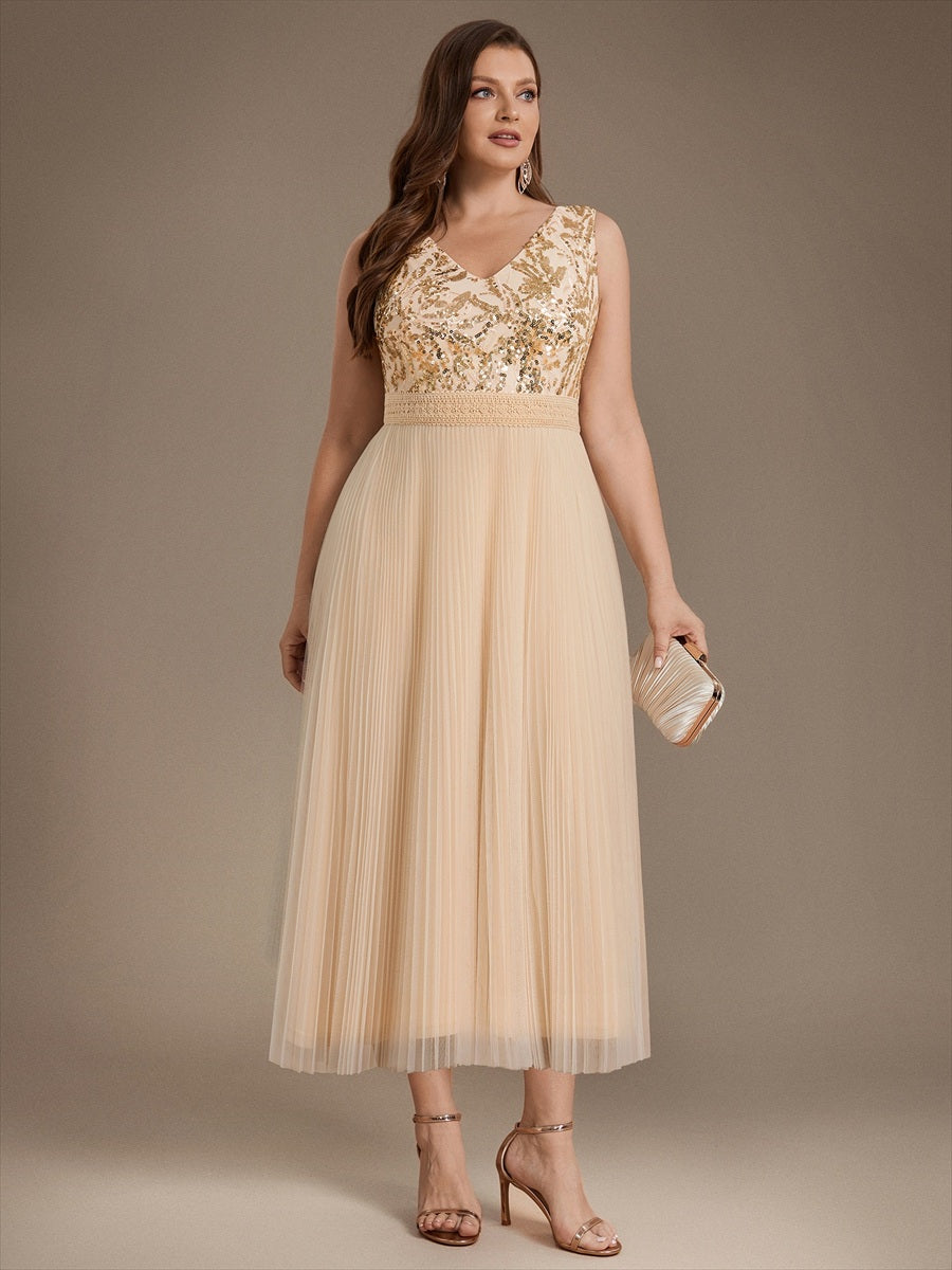 Plus Size Tulle Sleeveless Wedding Guest Dress #color_Gold