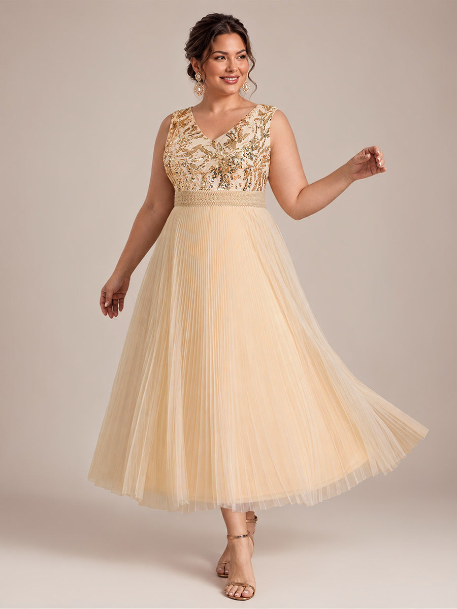Plus Size Tulle Sleeveless Wedding Guest Dress #color_Gold