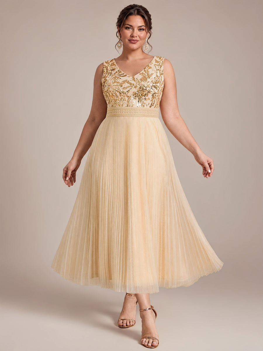 Plus Size Tulle Sleeveless Wedding Guest Dress #color_Gold