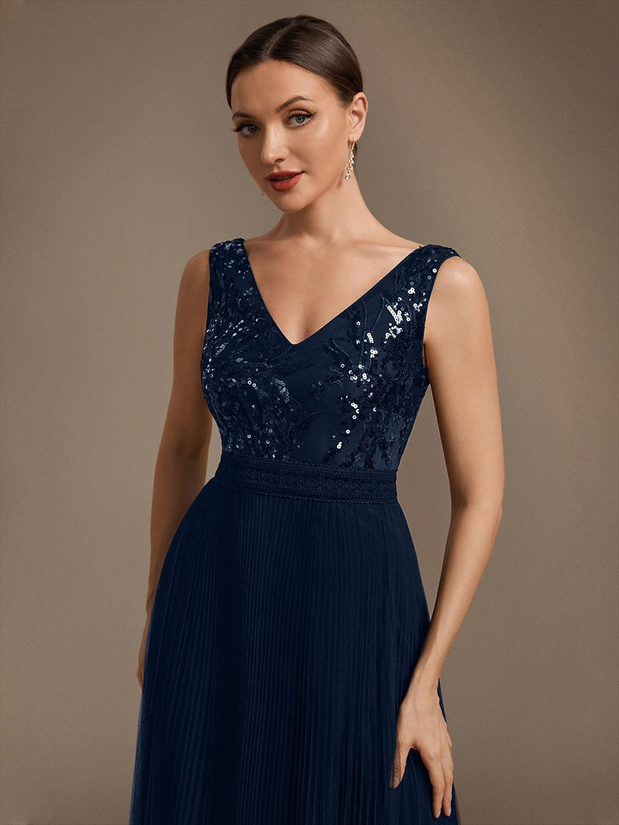 Tulle Sleeveless A-Line Wedding Guest Dress #color_Navy Blue