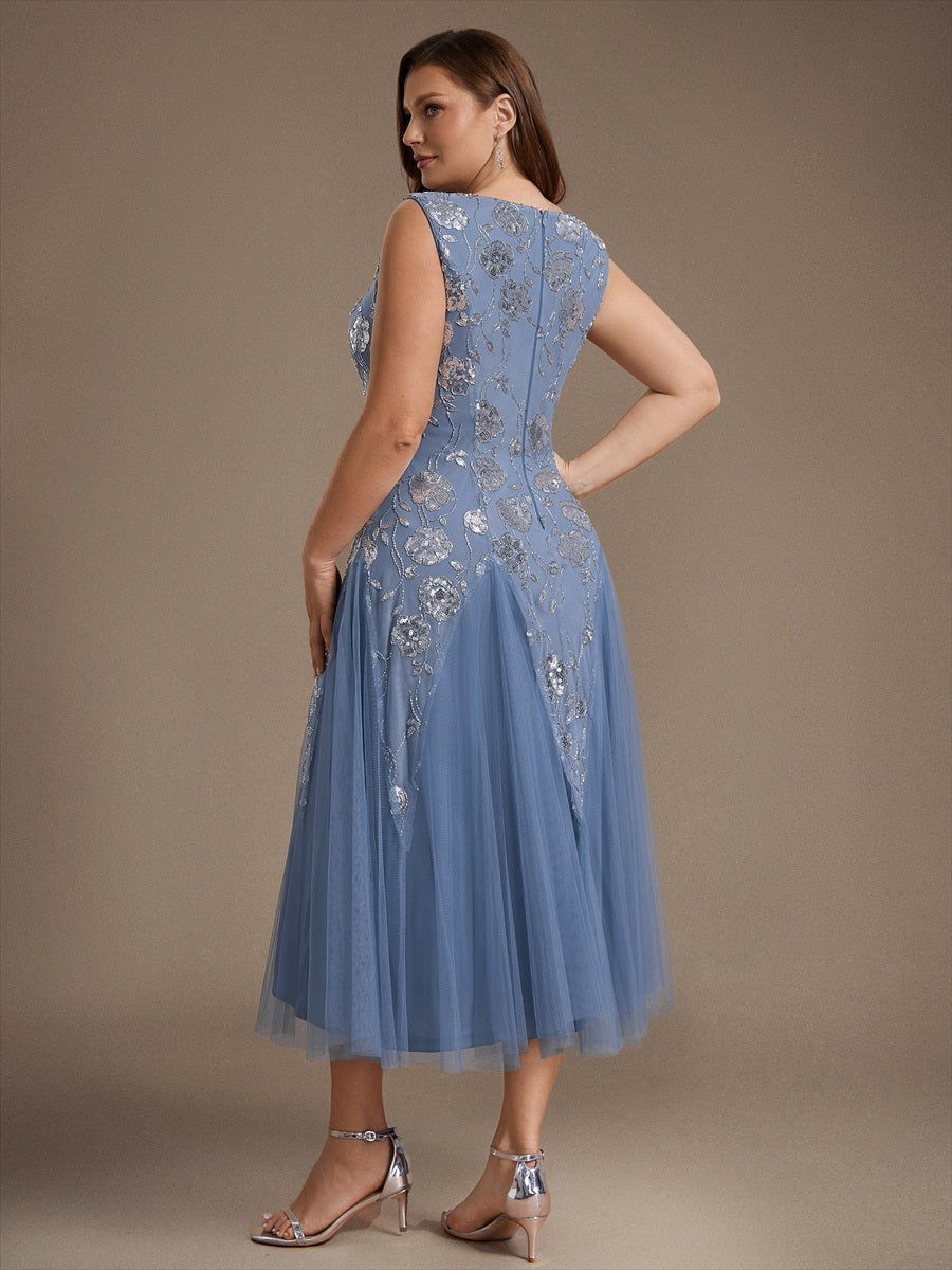 Beading Floral Sequins Sleeveless Wedding Guest Dress #color_Dusty Blue