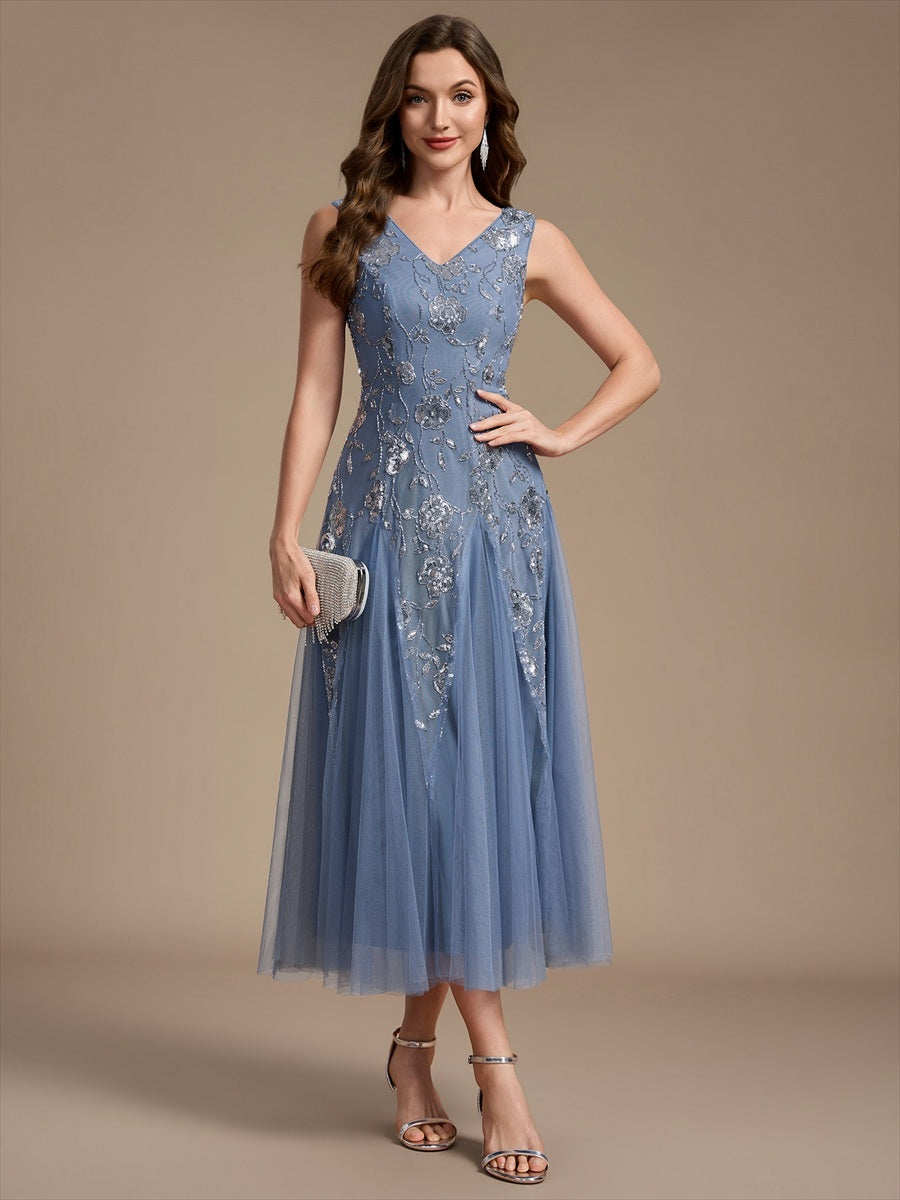 Beading Floral Sequins Sleeveless Wedding Guest Dress #color_Dusty Blue