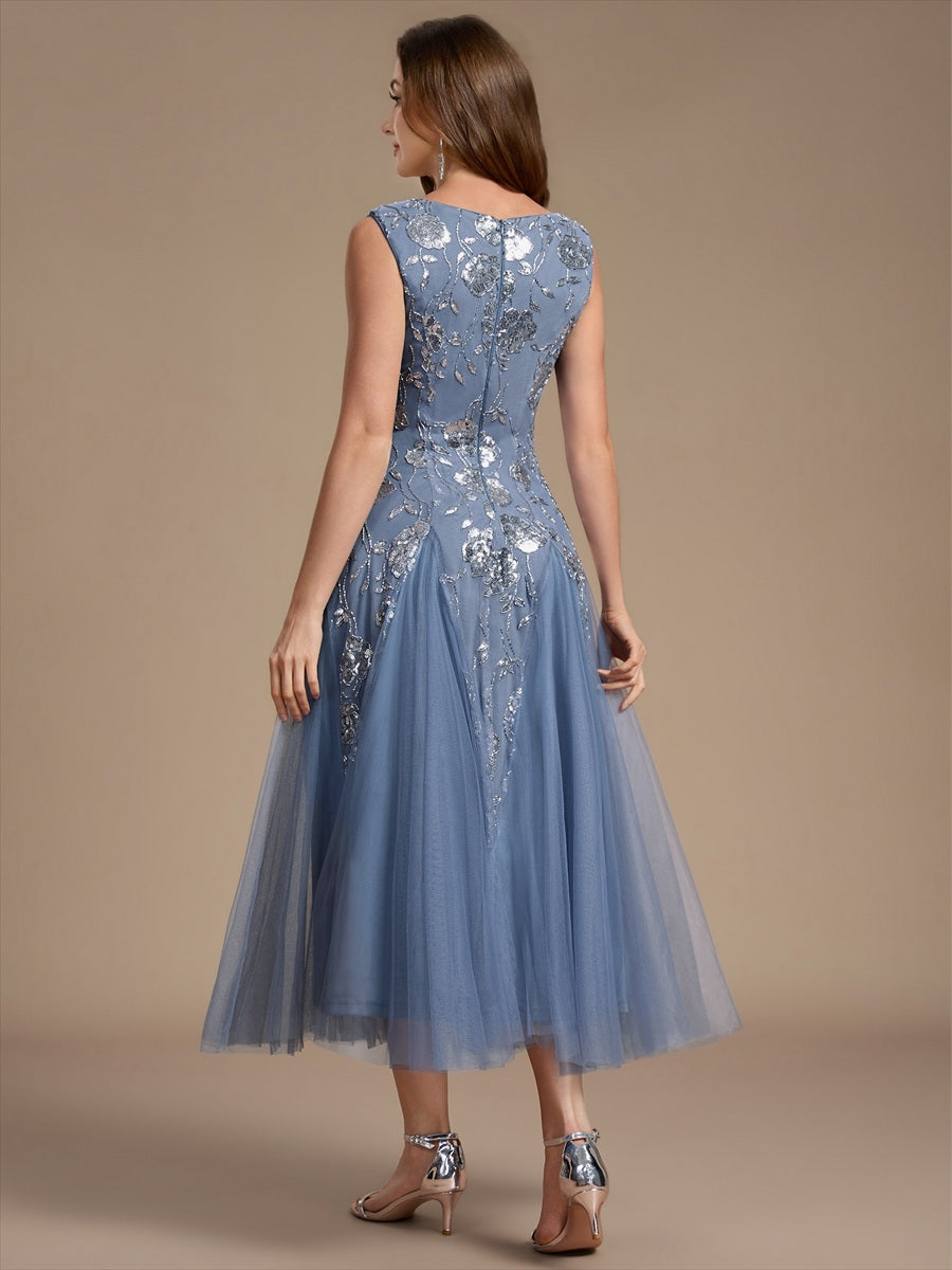 Beading Floral Sequins Sleeveless Wedding Guest Dress #color_Dusty Blue