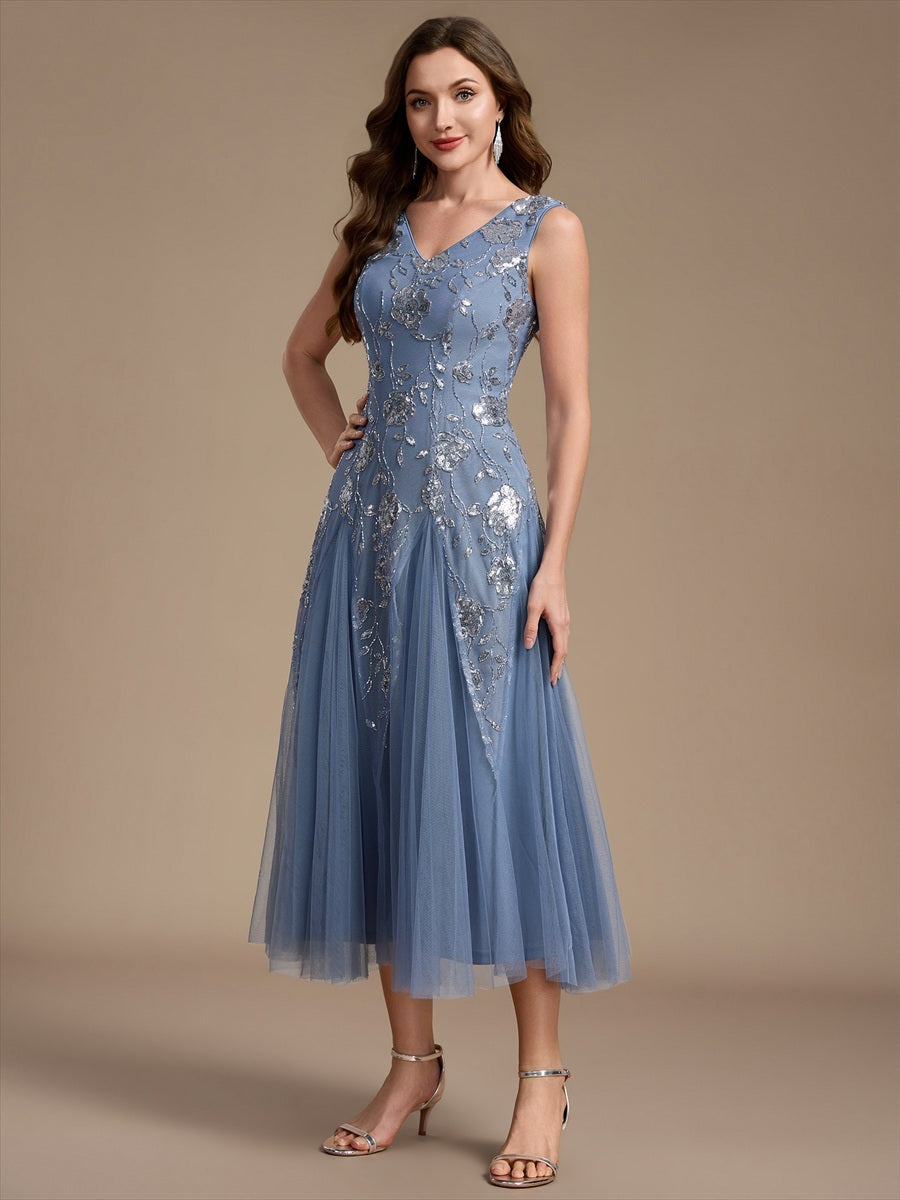Beading Floral Sequins Sleeveless Wedding Guest Dress #color_Dusty Blue