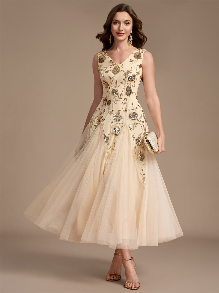 Beading Floral Sequins Sleeveless Wedding Guest Dress #color_Gold