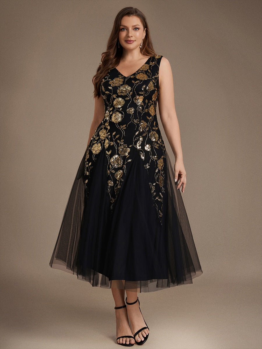 Beading Floral Sequins Sleeveless Wedding Guest Dress #color_Black & Gold
