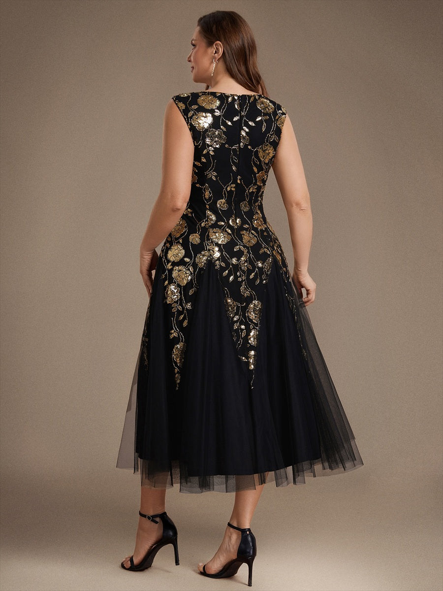 Beading Floral Sequins Sleeveless Wedding Guest Dress #color_Black & Gold