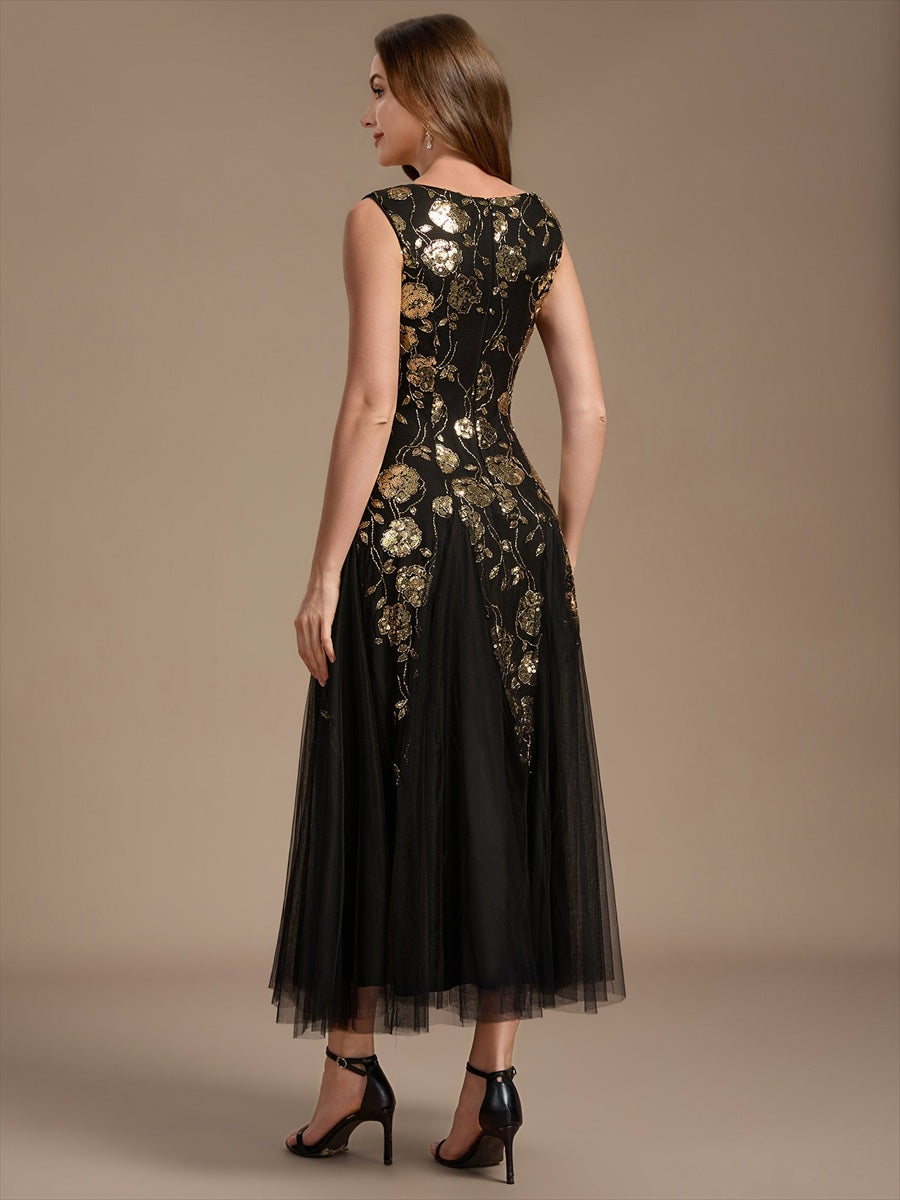 Beading Floral Sequins Sleeveless Wedding Guest Dress #color_Black & Gold