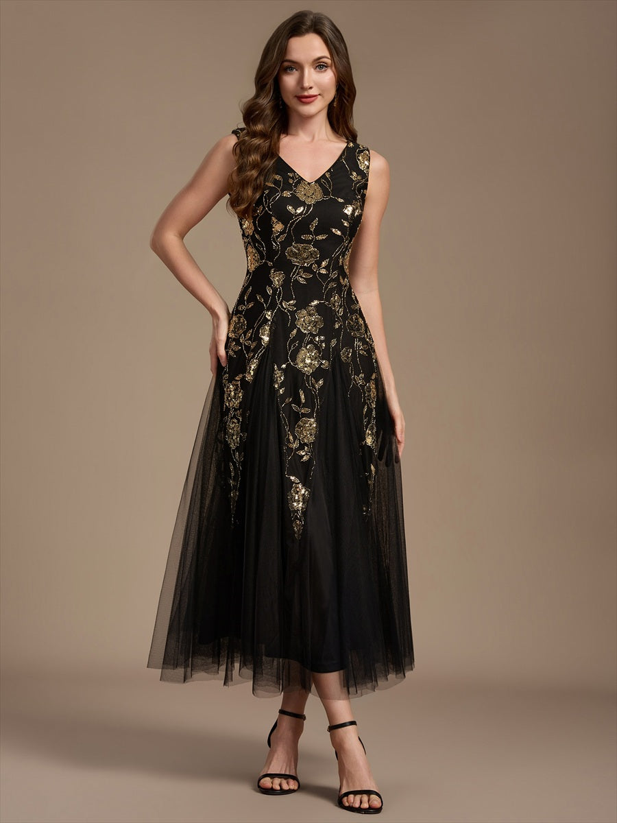 Beading Floral Sequins Sleeveless Wedding Guest Dress #color_Black & Gold