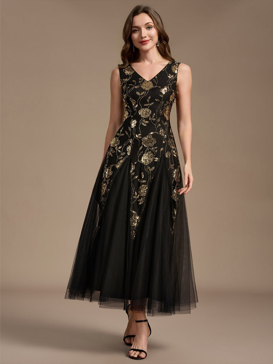 Beading Floral Sequins Sleeveless Wedding Guest Dress #color_Black & Gold