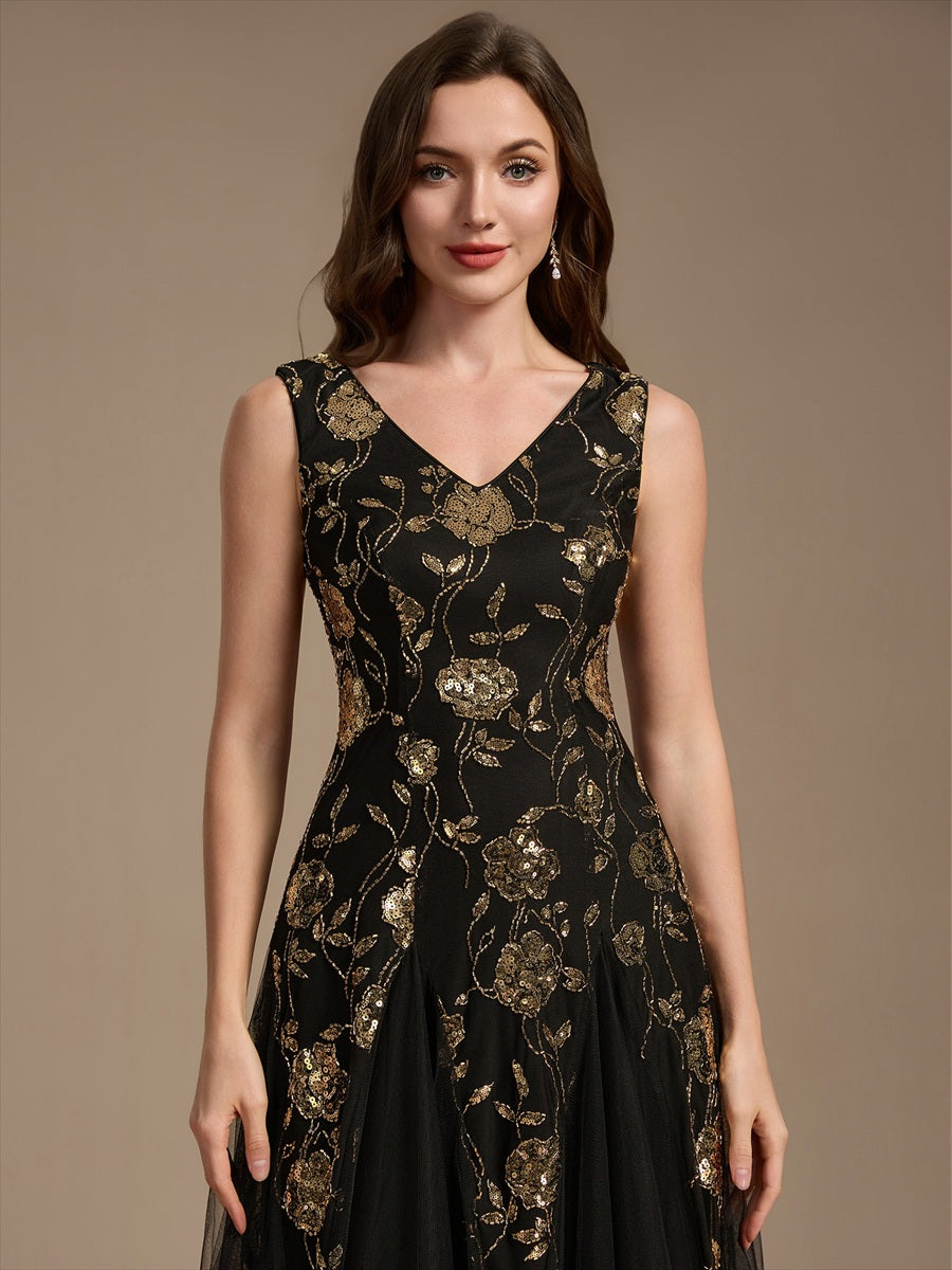 Beading Floral Sequins Sleeveless Wedding Guest Dress #color_Black & Gold