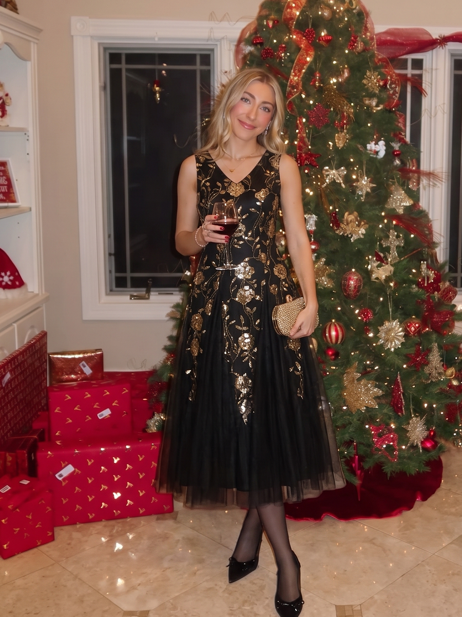 Beading Floral Sequins Sleeveless Wedding Guest Dress #color_Black & Gold