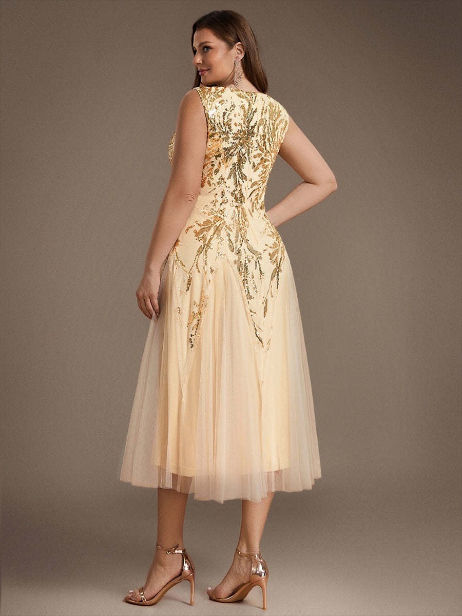 Sequin Sleeveless Midi Wedding Guest Dress #color_Gold