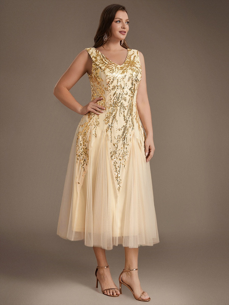 Sequin Sleeveless Midi Wedding Guest Dress #color_Gold