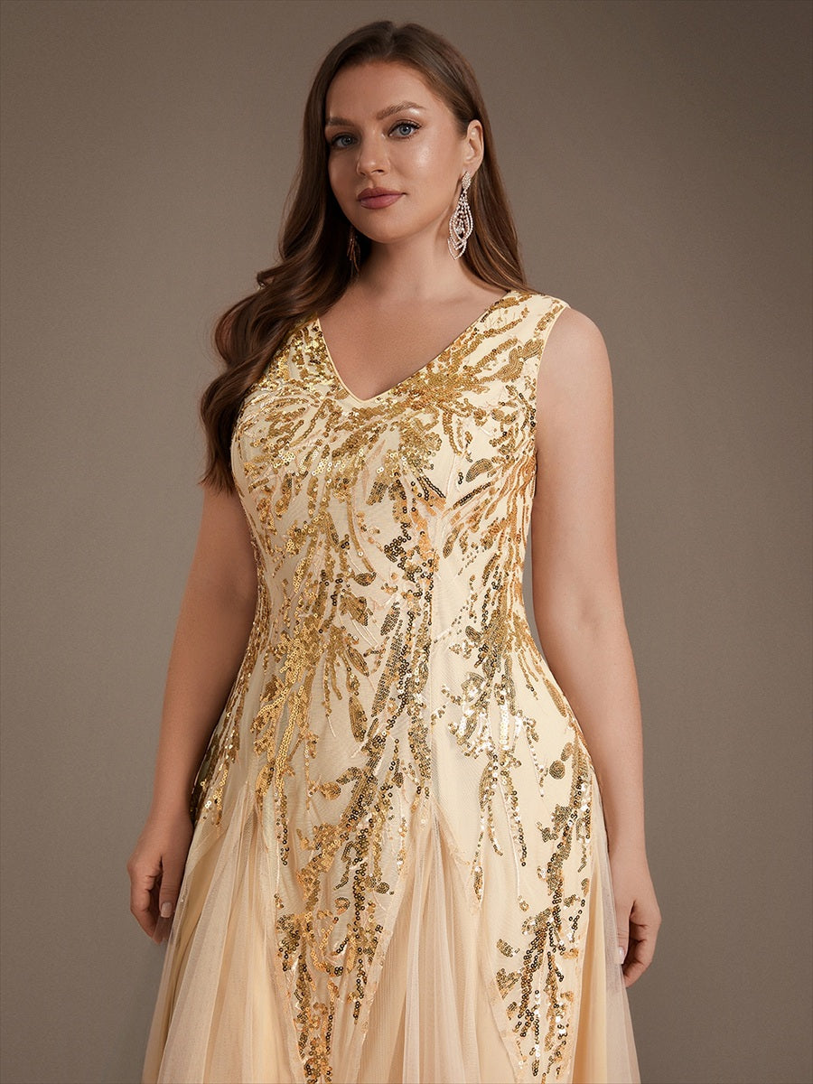Sequin Sleeveless Midi Wedding Guest Dress #color_Gold