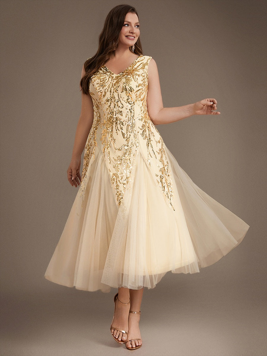 Plus Size Sequin Sleeveless Midi Wedding Guest Dress #color_Gold