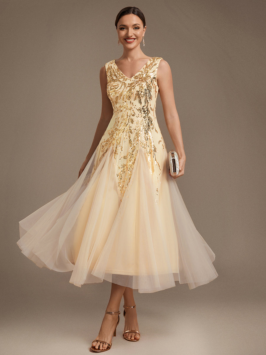 Sequin Sleeveless Midi Wedding Guest Dress #color_Gold