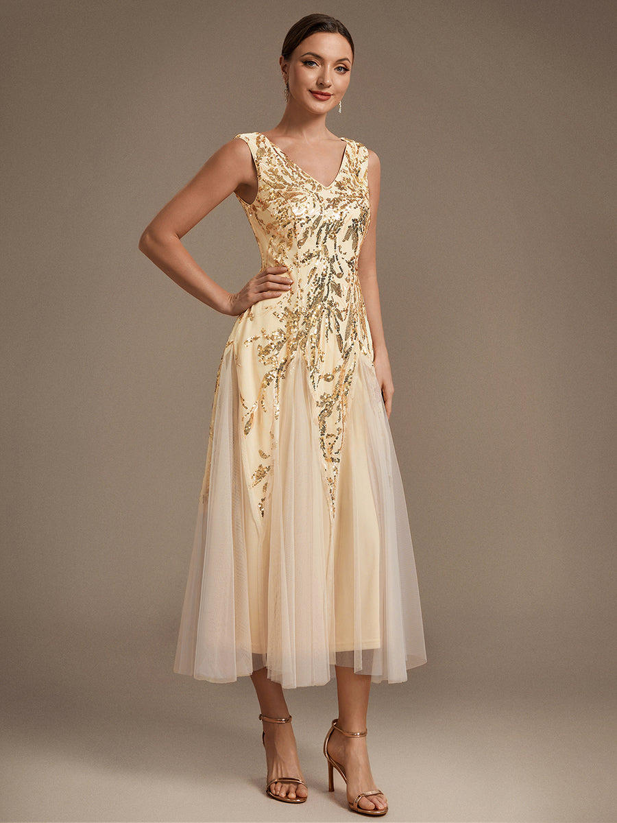 Sequin Sleeveless Midi Wedding Guest Dress #color_Gold