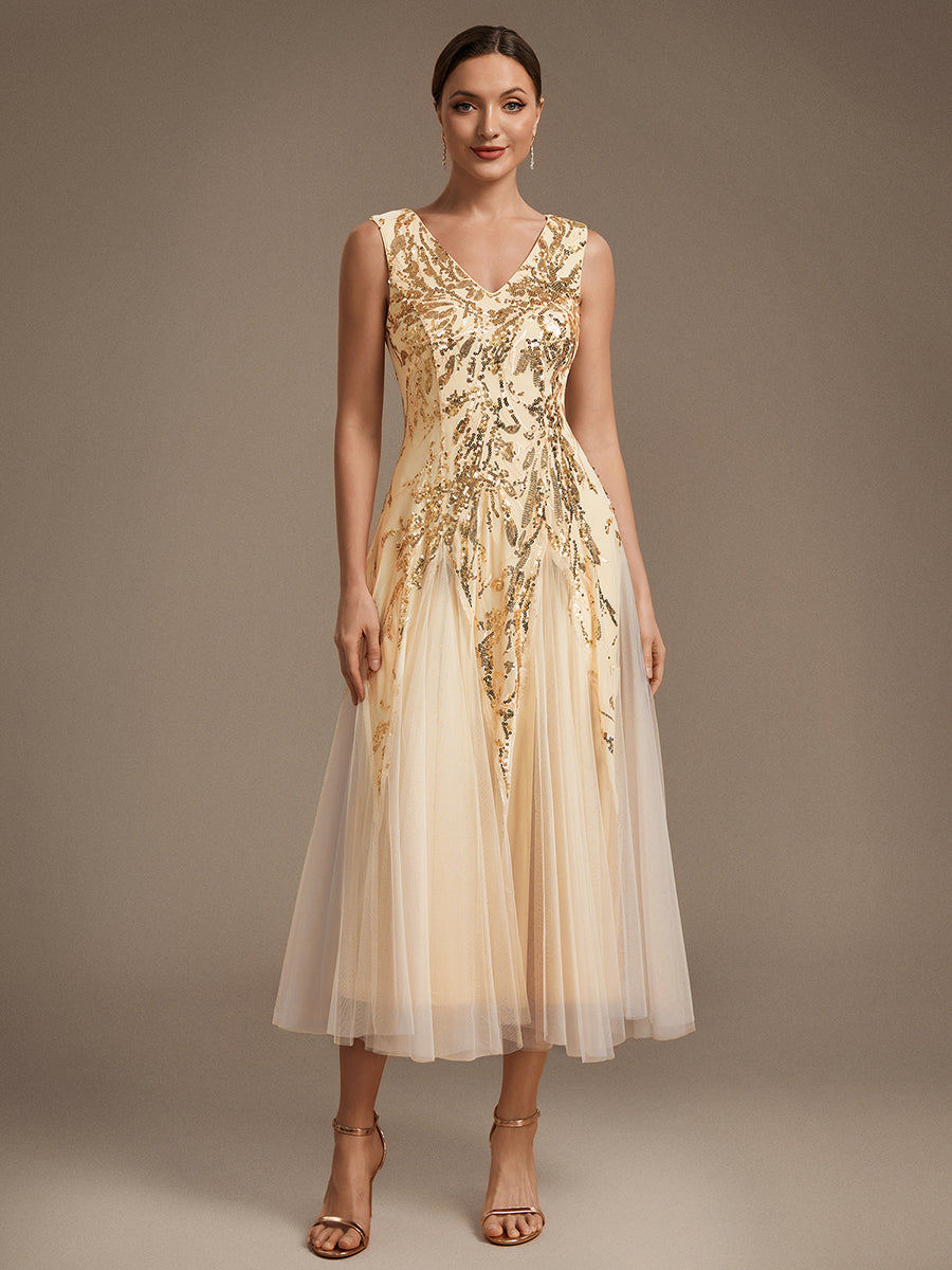 Sequin Sleeveless Midi Wedding Guest Dress #color_Gold