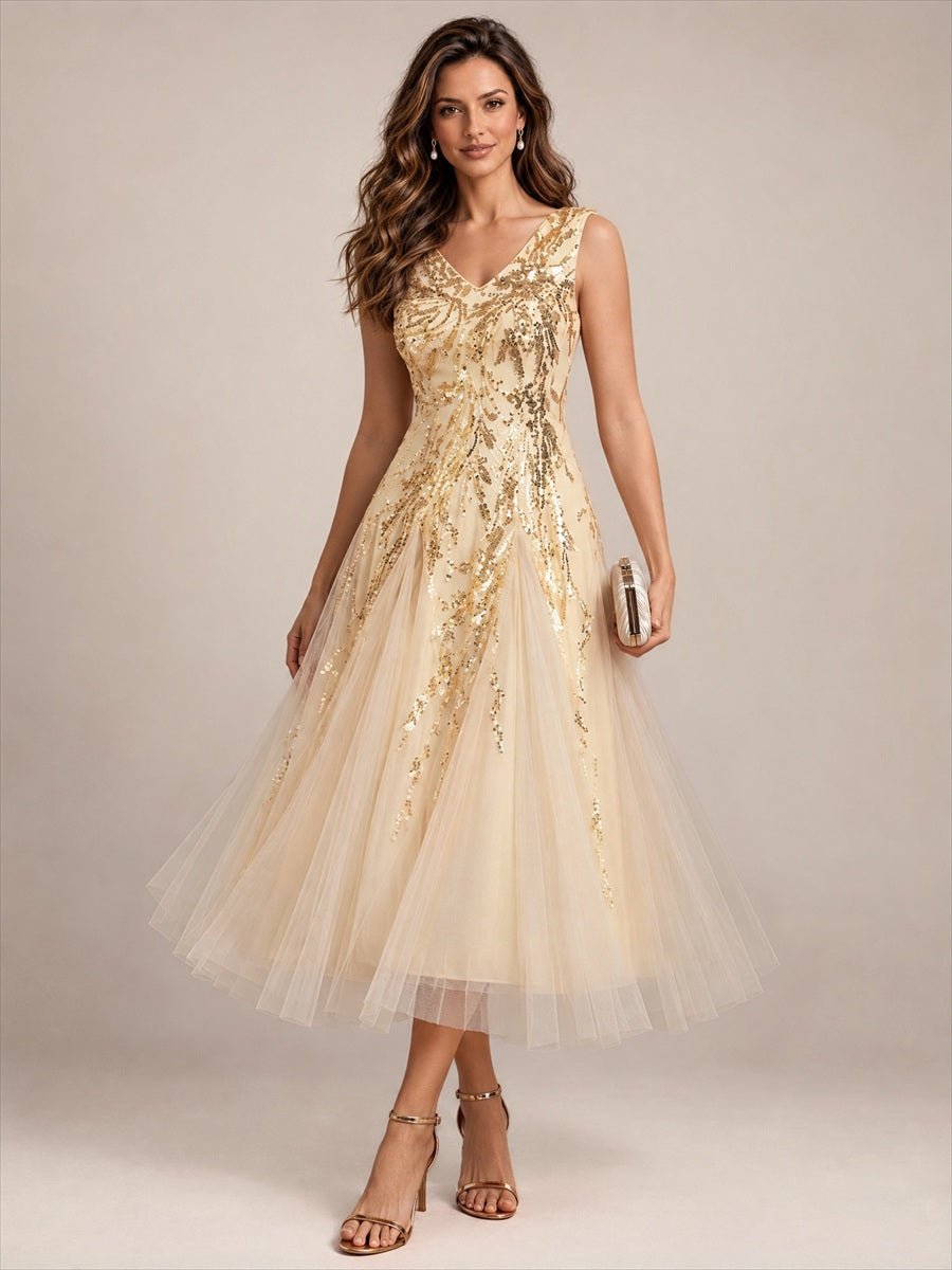 Sequin Sleeveless Midi Wedding Guest Dress #color_Gold