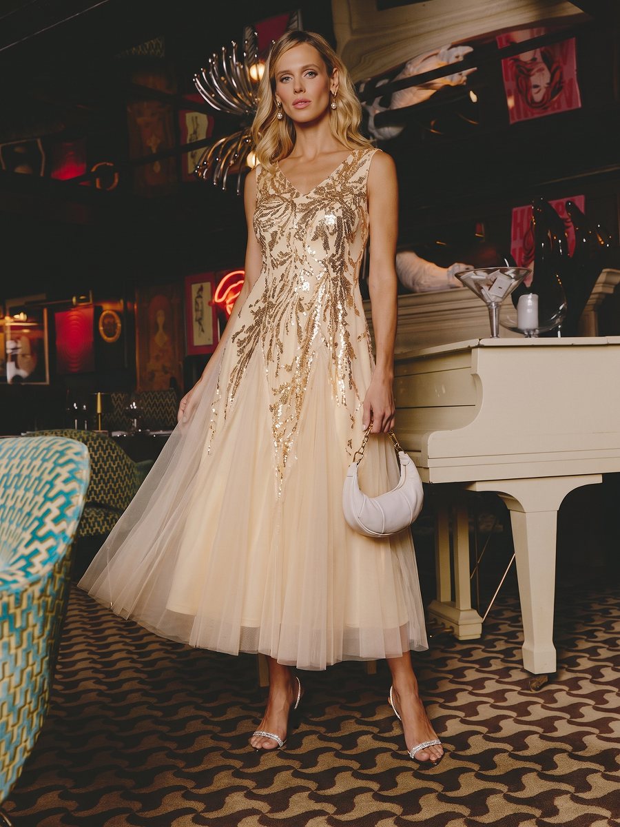 Sequin Sleeveless Midi Wedding Guest Dress #color_Gold