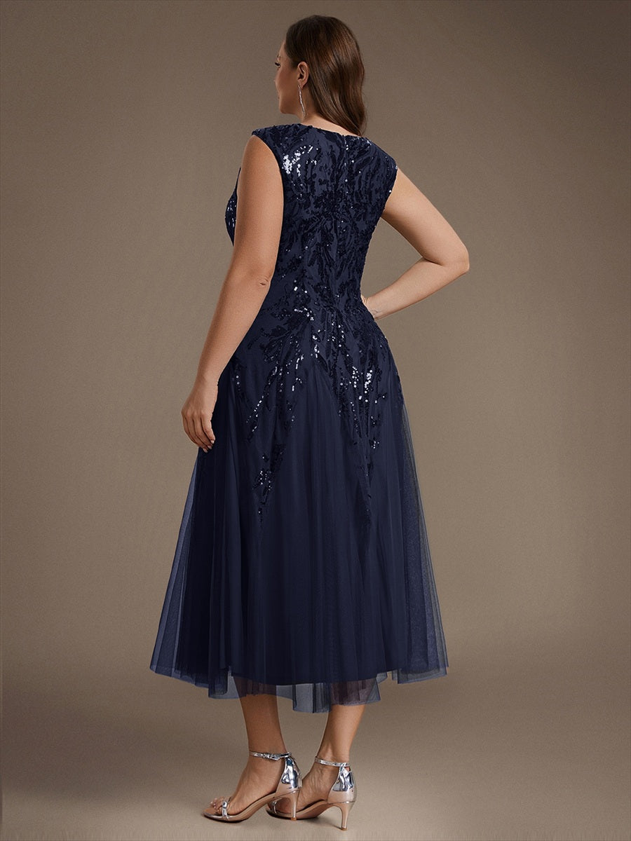 Sequin Sleeveless Midi Wedding Guest Dress #color_Navy Blue