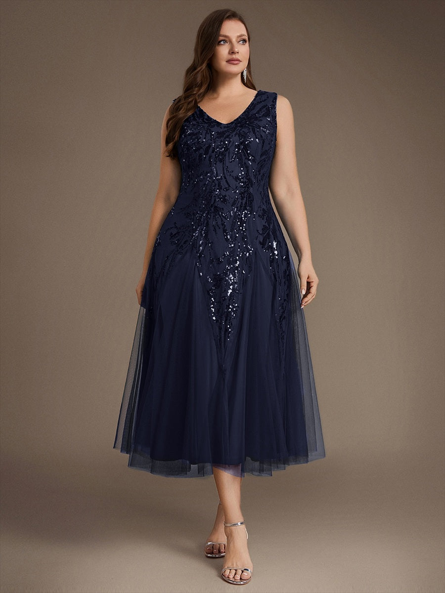 Sequin Sleeveless Midi Wedding Guest Dress #color_Navy Blue