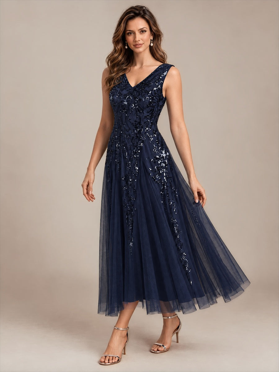 Sequin Sleeveless Midi Wedding Guest Dress #color_Navy Blue