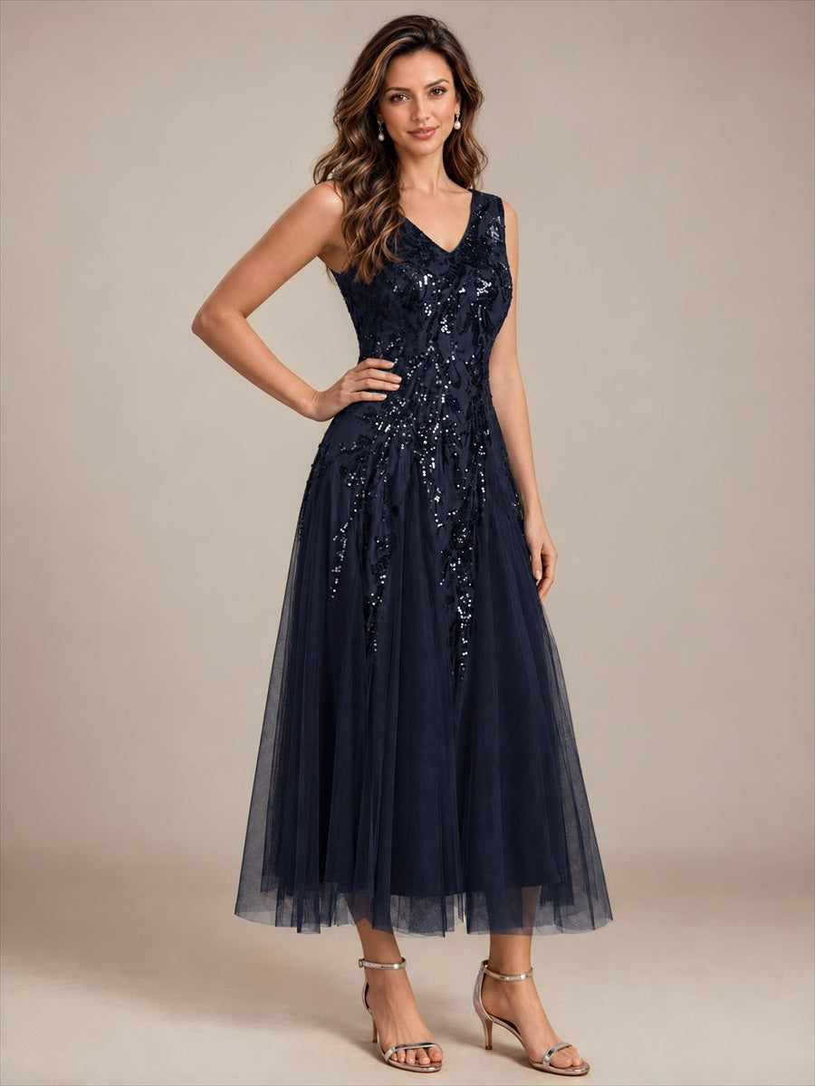 Sequin Sleeveless Midi Wedding Guest Dress #color_Navy Blue