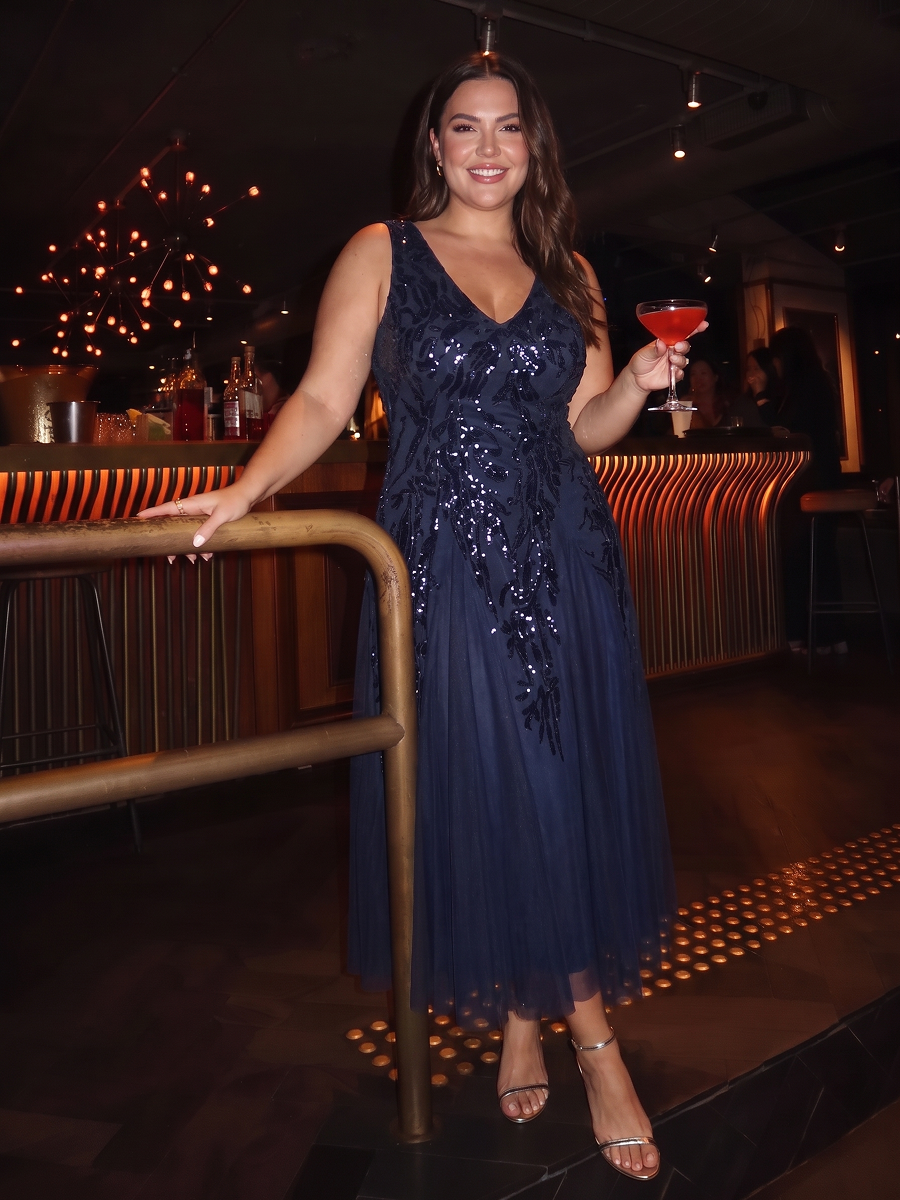 Sequin Sleeveless Midi Wedding Guest Dress #color_Navy Blue
