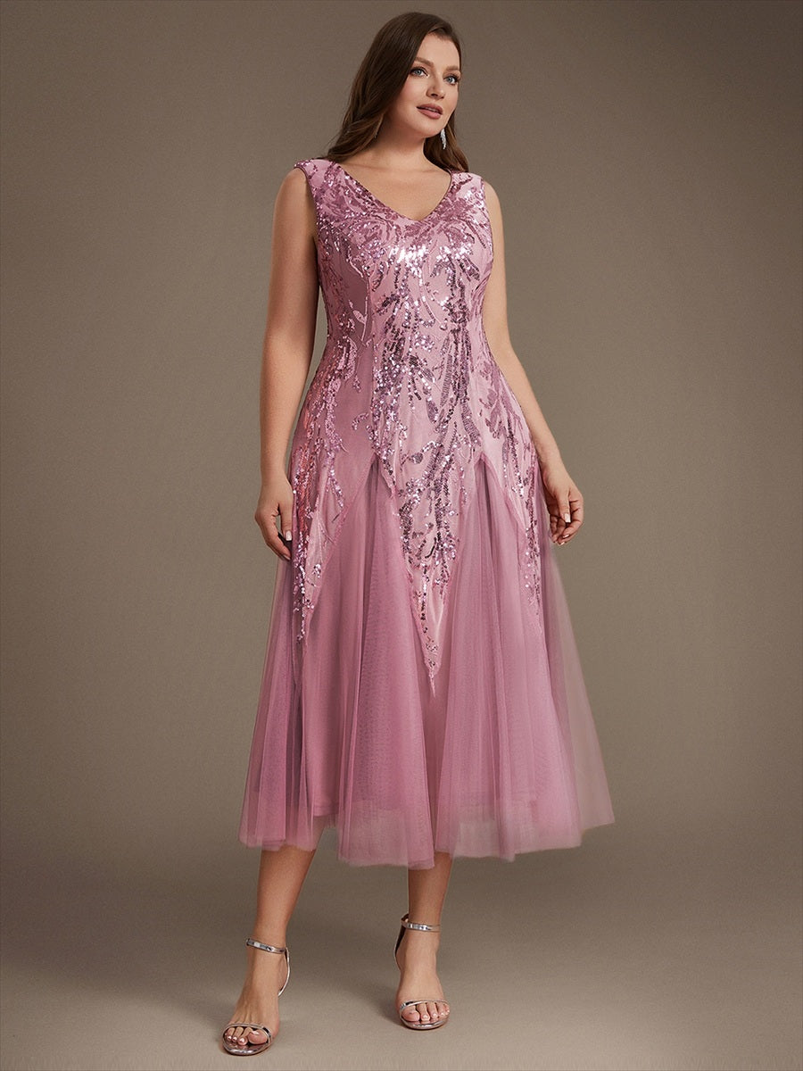 Plus Size Sequin Sleeveless Midi Wedding Guest Dress #color_Purple Orchid