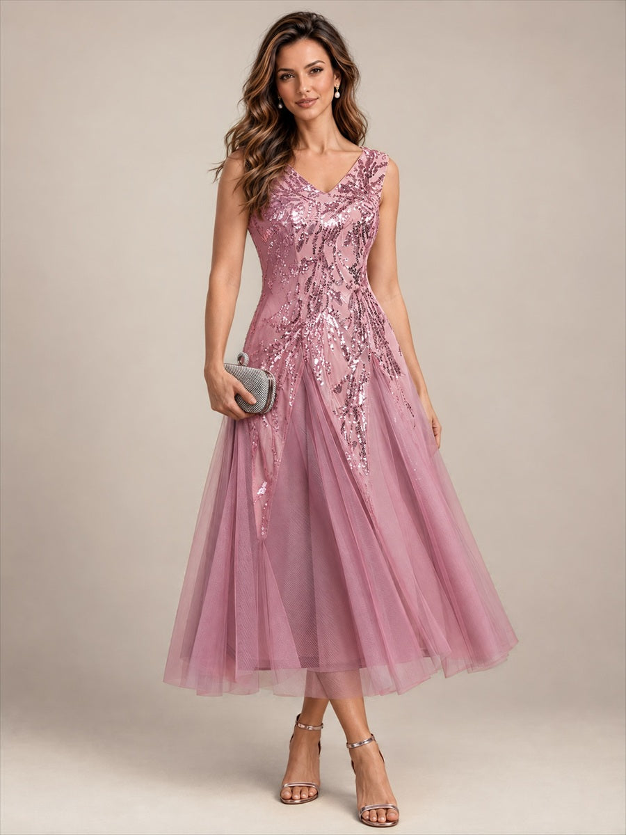 Sequin Sleeveless Midi Wedding Guest Dress #color_Purple Orchid