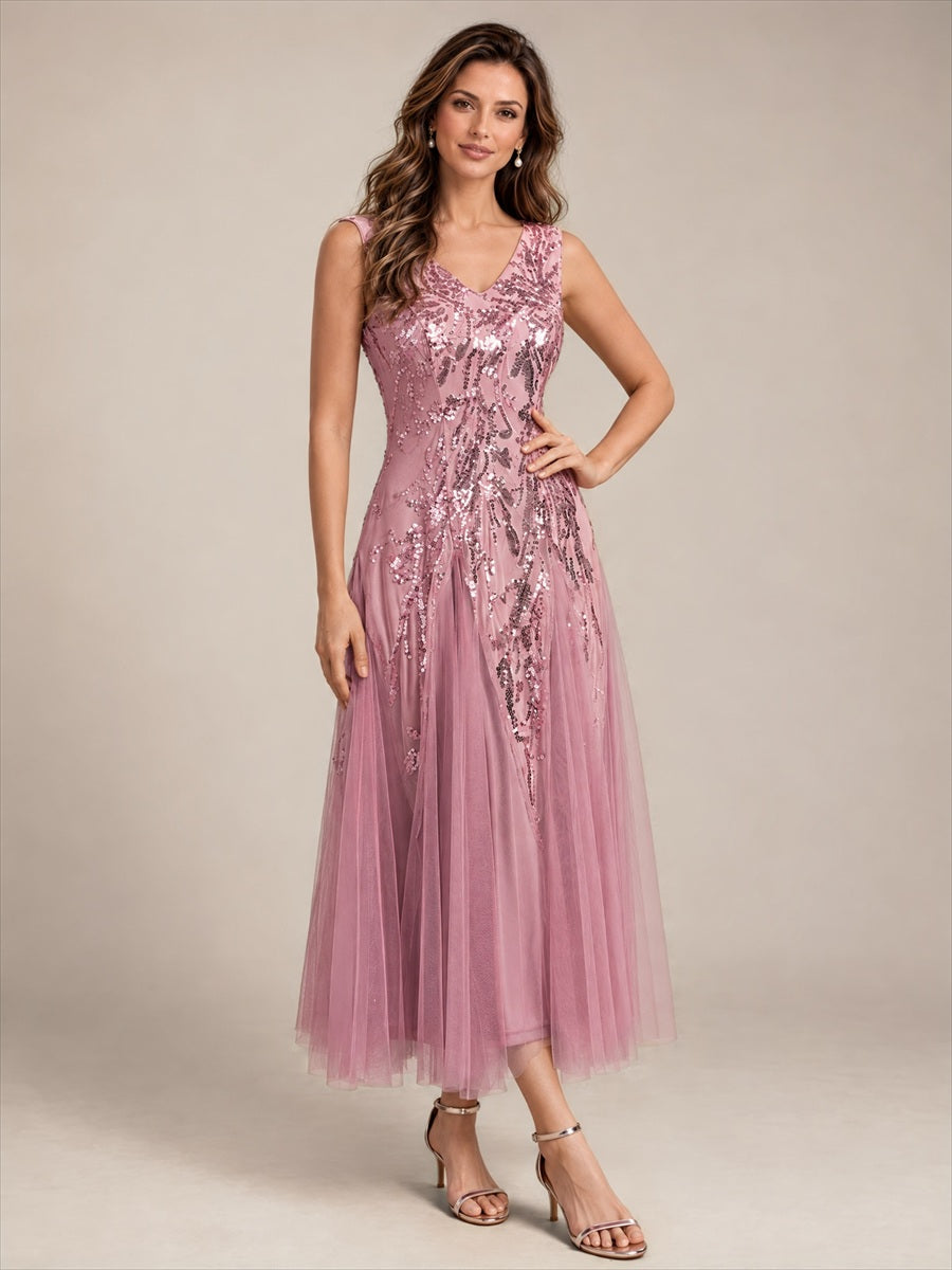 Sequin Sleeveless Midi Wedding Guest Dress #color_Purple Orchid