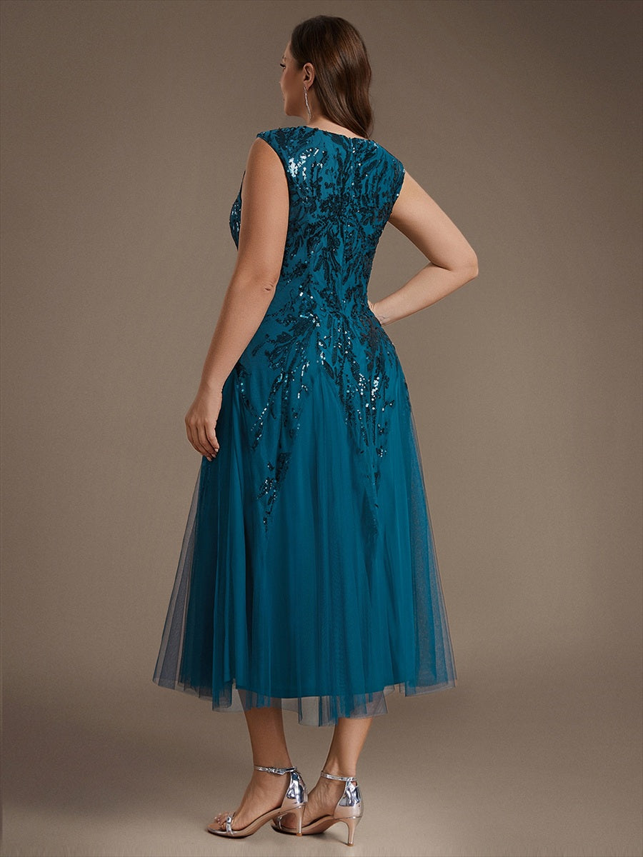 Plus Size Sequin Sleeveless Midi Wedding Guest Dress #color_Teal