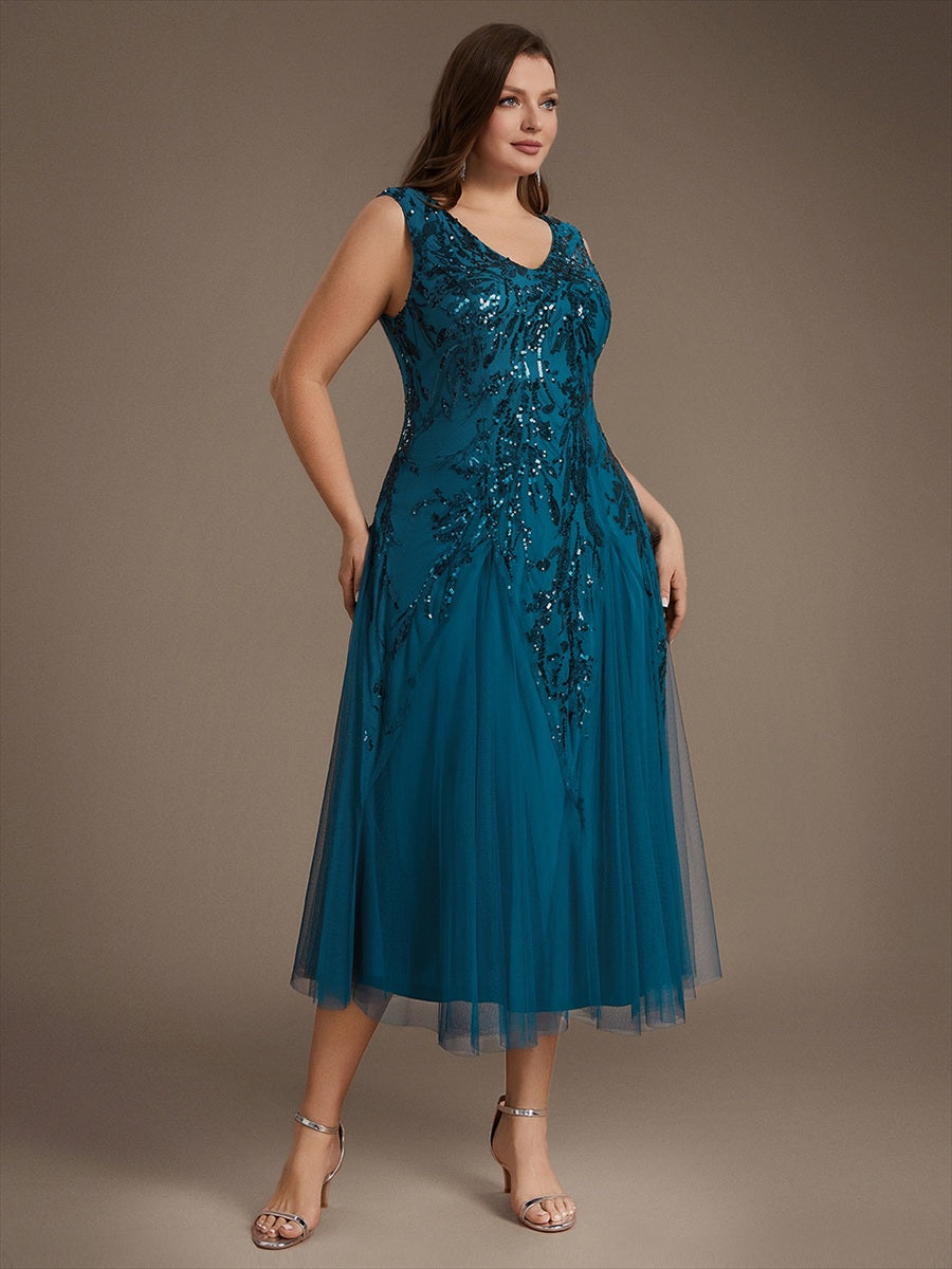 Plus Size Sequin Sleeveless Midi Wedding Guest Dress #color_Teal