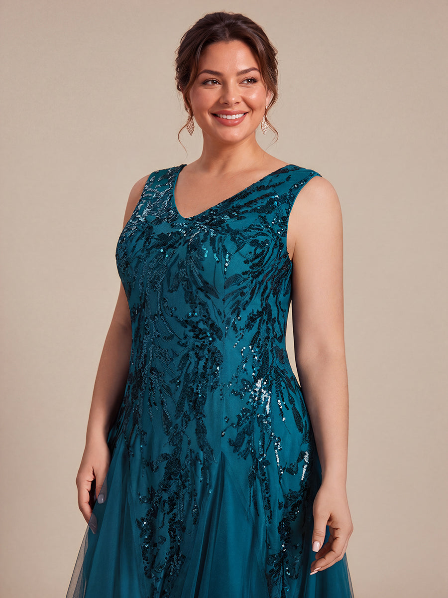Plus Size Sequin Sleeveless Midi Wedding Guest Dress #color_Teal