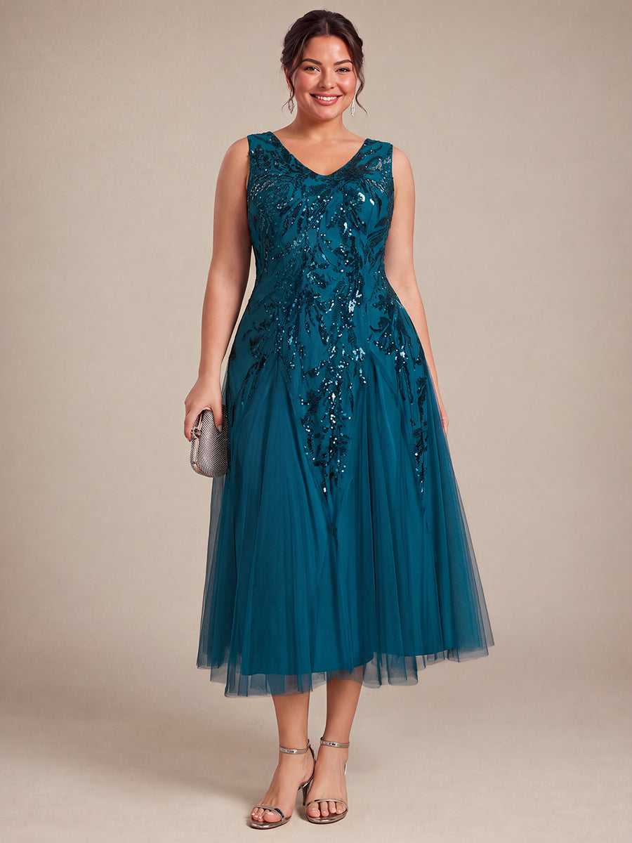 Plus Size Sequin Sleeveless Midi Wedding Guest Dress #color_Teal