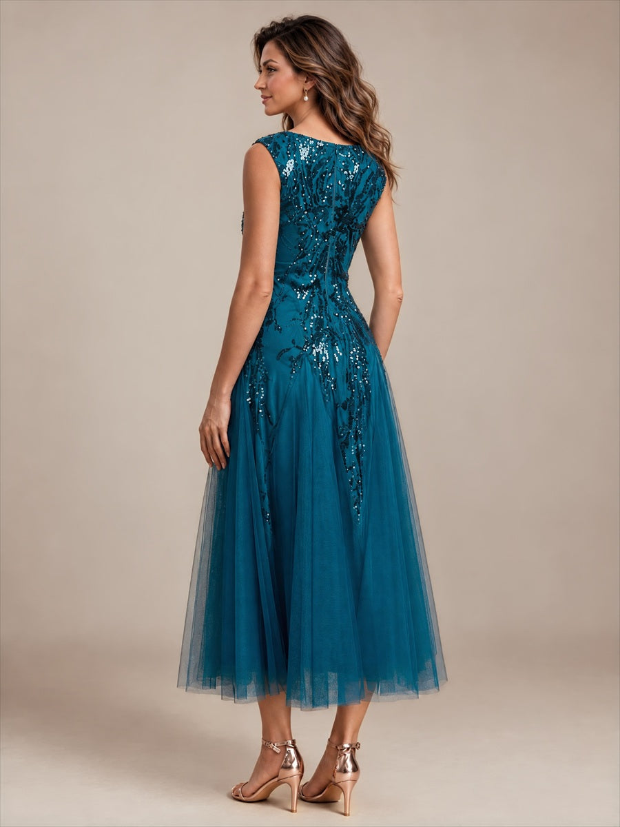 Sequin Sleeveless Midi Wedding Guest Dress #color_Teal
