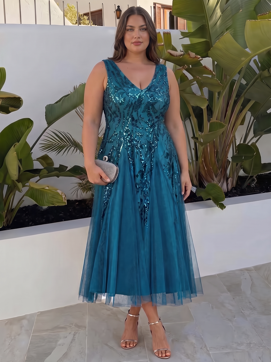Sequin Sleeveless Midi Wedding Guest Dress #color_Teal