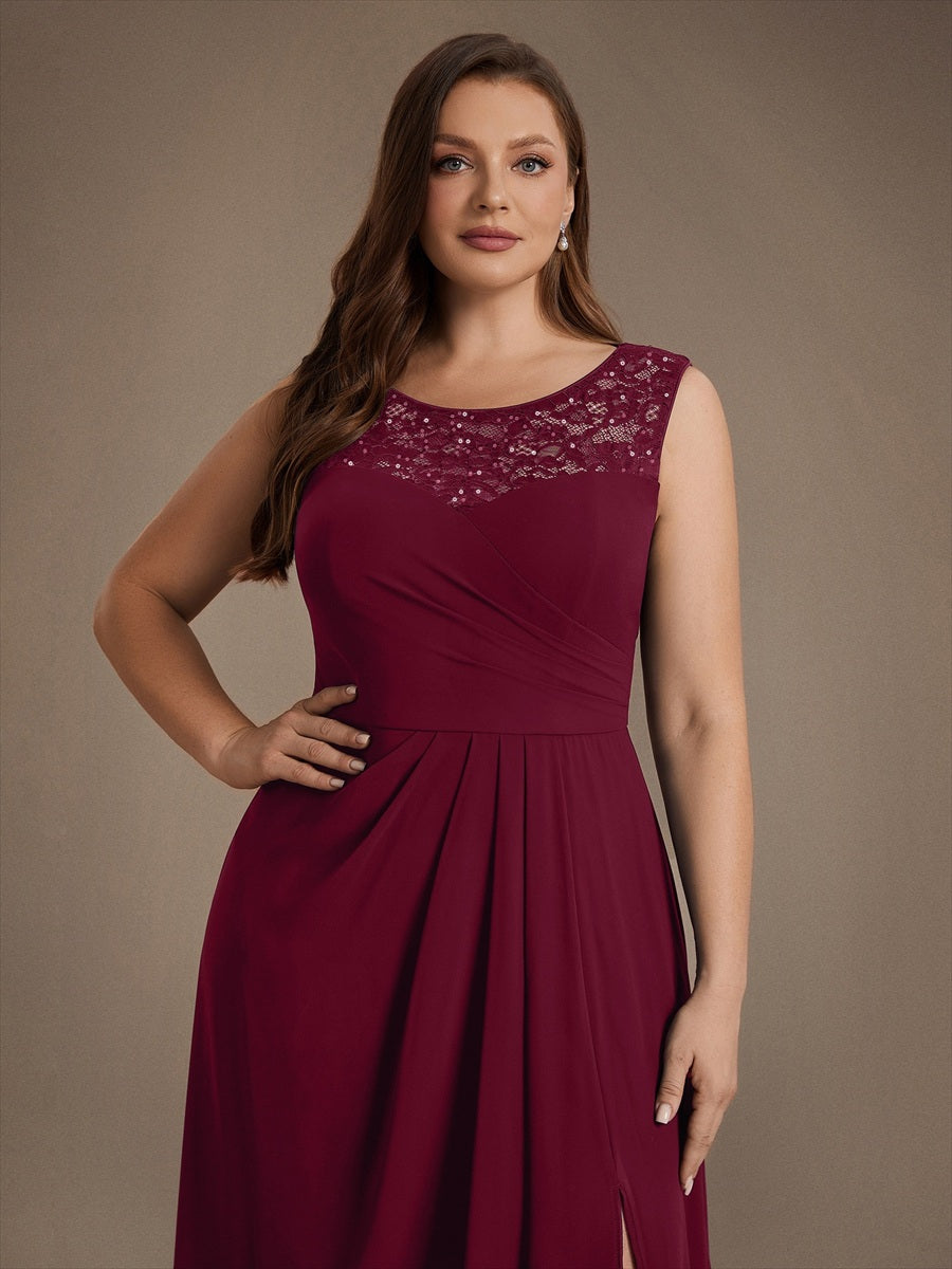 Sequin Lace Chiffon Sleeveless Wedding Guest Dress #color_Burgundy